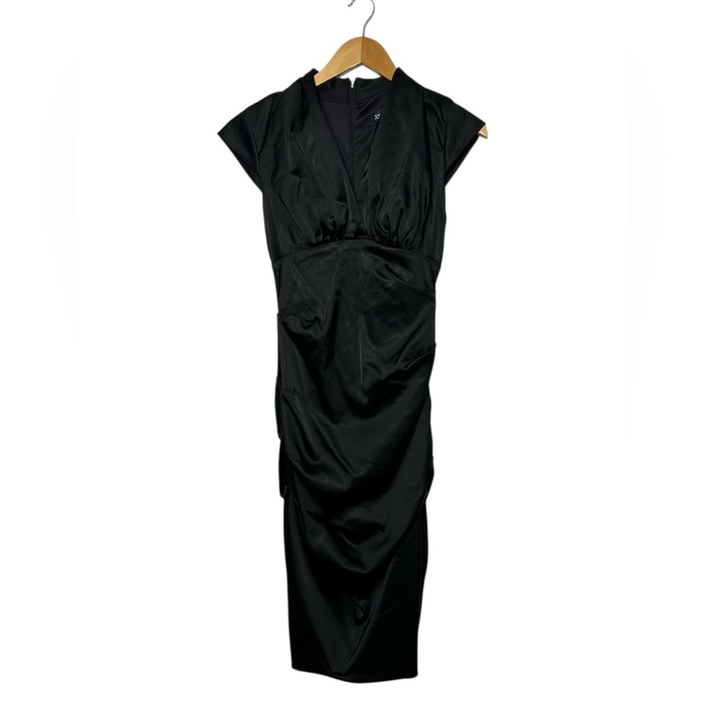 Xscape Pleated Stretch Satin Sheath Dress Sz 4 Little Black Dress Cocktail - Picture 3 of 8